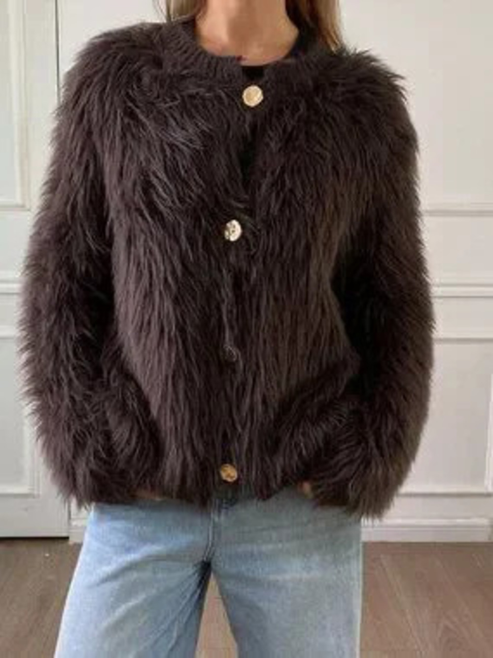 Coffee Brown Casual Women's Loose Fuzzy Cardigan Sweater